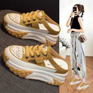 Womens Dad Shoes Half Slippers Summer New Thick Bottom High Heel Lazy People Cool Sandals Leather Uppers Breathable Hollow out