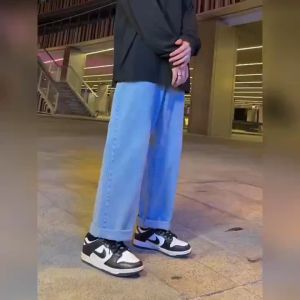 กางเกงยีนส์ผู้ชาย ทรงกระบอกเอวสูง ใส่สบาย เอวยางยืด ปรับเอวด้วยเชือก เหมาะสำหรับทุกฤดูกาล 4สี ฟ้าอ่อน ดำ ยีนส์ เทา