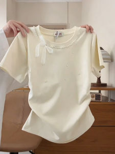 Elegant French Style Butterfly Knot Short Sleeve T-Shirt plus Size Womens Summer Design Sensation Beaded Unique Top