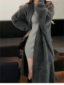 Ladies Thickened Long Knitted Cardigan Soft Niche Atmosphere Sensation Imitation Otter Fur Sweater Outerwear Spring Autumn Korean Style