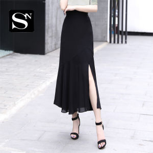 Chiffon Draped Knee-Length Half-Body Covering Long Skirt High-Waisted One-Step Fish Tail Skirt Summer New Style Elegant Lady Commute