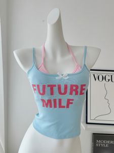 Áo Ba Lỗ Vai Nhỏ Màu Xanh Lam Mùa Hè Cho Nữ Áo Khoác Ngoài Phong Cách Thái in Chữ Áo Khoác Ngoài Đi Biển Áo Ba Lỗ Vai Nhỏ