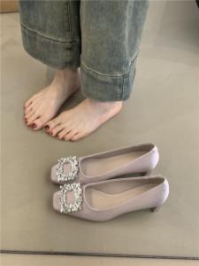 Elegant French Style Crystal Embellished Ladies High Heels Comfortable Slip-On Work Commute Shoes Square Toe Chunky Heel