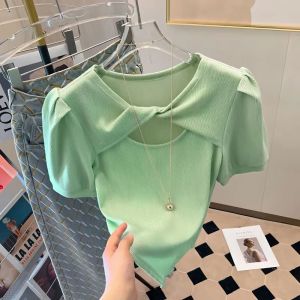 High-End Green Short-Sleeve Womens T-Shirt Korean Style Design Sensation Summer Fashion Bubble Sleeve Top