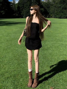 NIUVIES | Summer Holiday Black Strapless Skinny Waist Slim Fit Dress