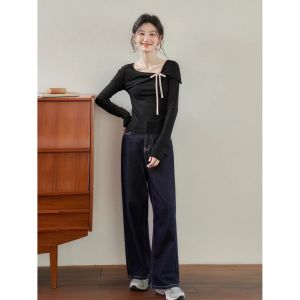 Áo Thun Cotton Modal Dài Tay Ôm Vừa Vặn Mùa Thu Dành Cho Nữ Áo Thun Cổ Tròn Tay Dài Thiết Kế Nơ Bướm Thời Trang Giản Dị