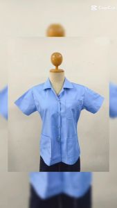 เสื้อช็อปหญิง สีฟ้า สีขาว เสื้อกาวน์สั้น เสื้อกาวน์คอปก ไม่มีโลโก้ ผ้าค้อตต้อน ไม่ร้อนจากโรงงานในไทย