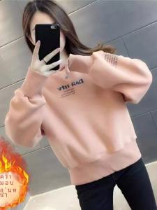 เสื้อฮู้ดคอตตอนบุขนแกะพิมพ์ลายสั้นฤดูใบไม้ร่วง/ฤดูหนาว เสื้อผ้าทำงานสไตล์ยุโรปสำหรับผู้หญิง วันหยุด งานปาร์ตี้ เสื้อผ้าทำงาน