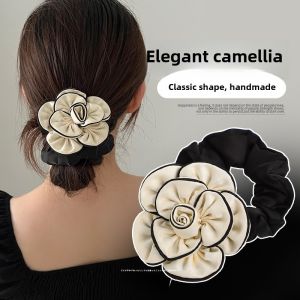Fashion Camellia Flower Headband Hair Accessories for Women Retro Elegant Fabric Ponytail High Stretch Hair Ties Girls Headwear