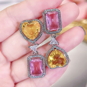 SEQUITO Delicate Women Jewelry Yellow Gold Plated Paved Settting Baguette Cut AAA Zirconia Charming Heart Pendant Drop Dangle Earrings for Evening Party SE915