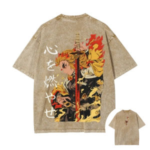 Bandai | 2026 Summer Kyojuro Rengoku Retro Washed T-shirt Emon Slayer Japanese Animation Street Style Mens and Womens Short-sleeved Top
