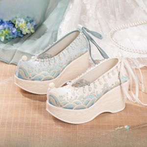 Elevated Heel Embroidered Hanfu Shoes Womens Fashionable Ethnic Style Slip-On Single Shoes Peak Heel Casual Footwear