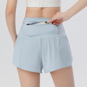 กางเกงกับกระเป๋าออกกำลังกายสูงสะโพกรัด2ชั้นทรงหลวมสำหรับผู้หญิงการวิ่งการฝึกโยคะ กางเกงกีฬาขาสั้นใหม่