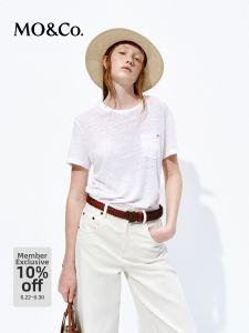 MO&Co. | 2026 New Season Linen Blend Lightweight Embroidered Slogan T-Shirt