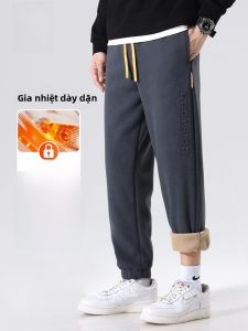 ROMON | Quần dài nam mùa đông dày rộng rãi có khóa kéo thường ngày bằng vải nỉ dày có túi quần dài thường ngày thoải mái