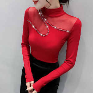 YIMEI เสื้อยืดผู้หญิง คอตตอนเซ็กซี่ผ้าตา ขายต่อกัน สีแดง สำหรับปีใหม่ จีน