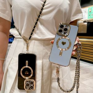 Love Magsafe เคสป้องกันแม่เหล็กชาร์จไร้สายกันกระแทกเคส TPU เคลือบด้วยไฟฟ้าสำหรับ Samsung Galaxy S23อัลตร้า S22พิเศษ S21พลัสเคสซิลิโคนแบบแยกสายสายคาดที่คล้องได้