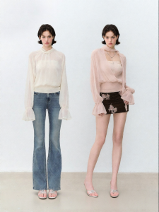 via pitti | Dual Sides Lazy Style Reverse-Wear Flowy Neck Ruffled Waist See-Through Chiffon Shirt