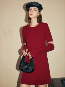 FAMANXUAN | Red French Style Wool Knit Dress