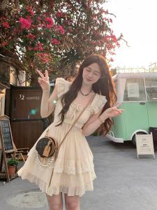 Trắng LIBAILISTUDIO Tình Yêu Đầu Tiên Trà Trắng Mùa Hè Mới Mềm Mại Ngọt Ngào Tay Ngắn Ôm Vừa Vặn Đầm Nữ Cao Cấp Chất Liệu Voan