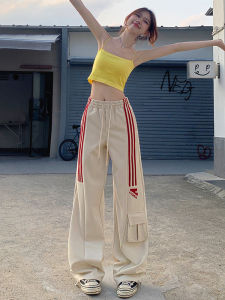 American Style Casual Sport Pants Womens Spring Autumn Loose Retro Three Bars Hiphop Drape Straight Leg Workwear Trousers