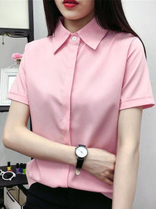 Pink Loose Fit Womens Shirt Summer Short Sleeve Professional Casual Versatile plus Size Korean Style OL Top Polyester Fabric