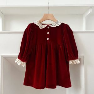 New Christmas Party Dress Kids Baby Girls Lace Collar Red New Years Princess Dress Kids Baby Girls Dress Children Clothes Dress