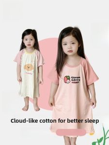MiiOW | Pure Cotton Mid-Length Dress Summer Sleepwear For Girls Cute Cartoon Print Home Wear Outdoor Wearable Childrens Nightgown