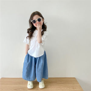 กางเกงยีนส์ขากว้างผ้าฝ้ายบางสำหรับเด็กผู้หญิง กางเกงขายาวทรงหลวมสบาย ๆ สำหรับฤดูร้อน กางเกงขายาวทรงเก้าส่วน