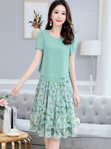 Womens Summer New Large Size Chiffon Loose Two-Piece Set Floral Print Cover-Up Sunscreen Veil Fashionable Korean Style