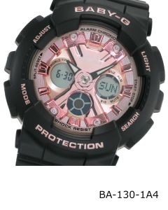 Casio Baby-G BA-130 Ladies Analog Digital Watch - Resin Band, Big Case, Masculine Design, Metallic Colors, Pink Base