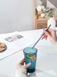 NERVISHI | Siphon Straws Glass Tumbler Stylish Dark Blue Retro Home Use