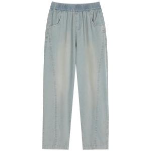 YAMIANNV | กางเกงยีนส์ผ้าไหมน้ำแข็งเอวสูงหลวมบางฤดูร้อนสำหรับผู้หญิง กางเกงขายาวทรงหลวมขากว้างทรงสลิมฟิต ชุดลำลองสีน้ำเงิน