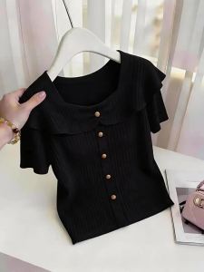 Áo Thun Len Rộng Dành Cho Người Béo Tay Ngắn Có Cổ Màu Đen