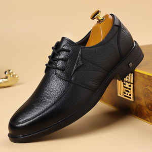 Casual Soft Cowhide Leather Mens Work Shoes British Style Versatile Business Formal Leather Shoes round Toe Rubber Sole