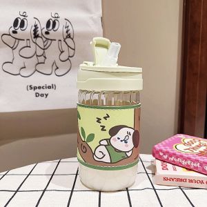 Cute Cartoon Heat-Resistant Water Cup with Dual Drinking Straws