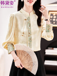 Elegant New Chinese Style Womens Long Sleeve Silk Shirt Fashionable Versatile Spring 2025 Commute Friendly Button Detail