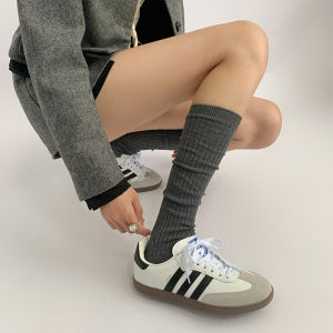 Gray Mid-Calf Socks for Women Night Study Room Style Slimming Pure Color Cotton Ballet Wind Chunky Socks for All Seasons