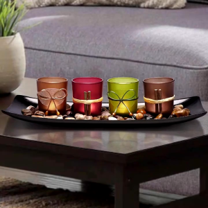 Christmas present Set of 4 Tea Light Votive Glass Candle Holders with Tray and Decorative Pebbles