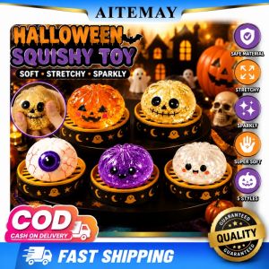 Aitemay 2PCS Halloween Glitter Dumpling Squishies - Slow Rebound Stress Relief Fidget Toy Cute Ghost Bao Bun Decor for Anxiety Relief TPR Soft Squeeze Toy for Adults & Kids