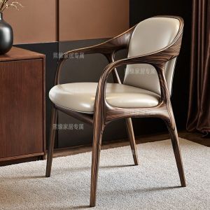Modern Leather Leisure Chair Italian Style Black Walnut Wood Single Person Dining Office Chair Simple Style Whole Assembly Home Furniture