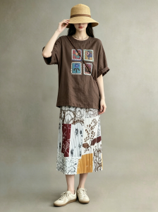 GULILI | Vintage Loose Round Neck Short Sleeve Tshirt for Women