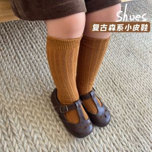 AnnieGirl Girls Comfortable Leather Shoes Breathable Hollow out Design Magic Tape Casual Versatile Cowhide Shoes for Kids