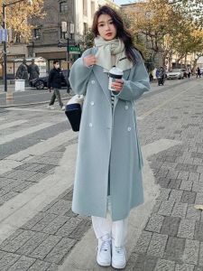 Blue Woolen Coat 2024 Autumn Winter New Korean Version Loose Mid-Length Belted Woolen Jacket for Women Commute Style Long Sleeve Double-Breasted