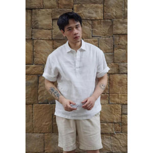 White Linen Cotton Blend Mens Short Sleeve Shirt Lightweight Breathable Summer Polo Casual Chic Flat Iron Treatment