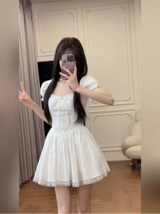 plus Size French Vintage Square Collar Bubble Sleeve Dress Sweet And Spicy Girl Waist Cinched Princess Fluffy Short Skirt