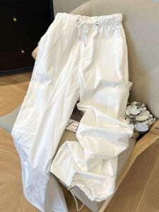 Quần Dài Ống Đứng Màu Trắng Cho Nữ Mùa Xuân Hè Quần Dài Ống Rộng Cạp Cao Có Dây Rút Phong Cách Công Sở Thiết Kế Mới