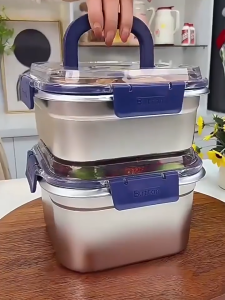 กล่องอาหารสแตนเลส กล่องข้าว อเนกประสงค์ ทรงสี่เหลี่ยม มีฝาปิดพลาสติก กล่องอาหารกลางวัน ภาชนะเก็บอาหาร กล่อง