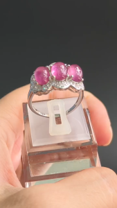 [ Woosilver ] Nhẫn Đính 3 Đá Hồng Oval Vintage Thanh Lịch - Secondhand - WO219