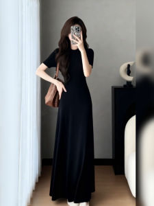DANTING | Black Short Sleeve Round Neck Slim Long Dress